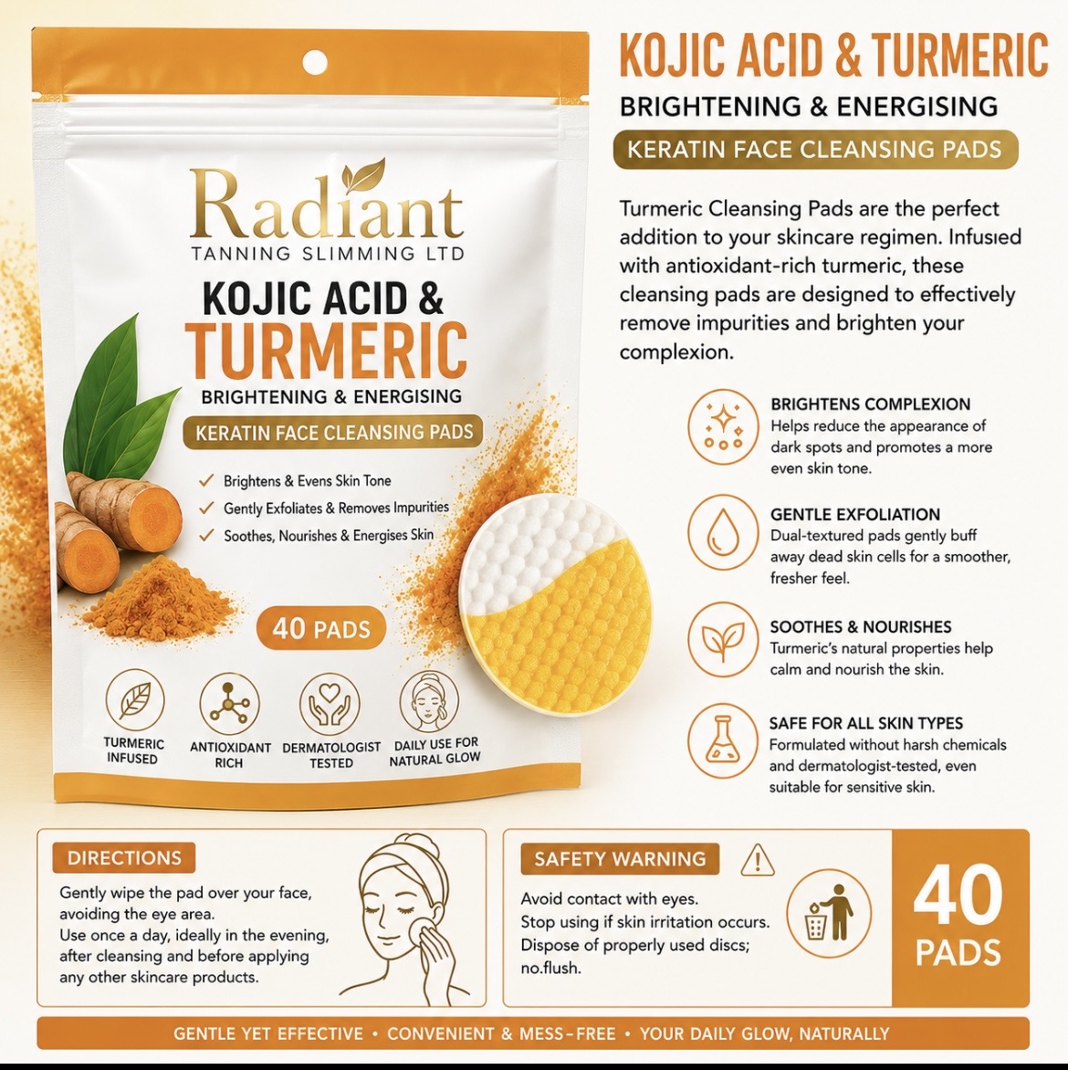 Kojic acid and tumeric cleansing face pads
